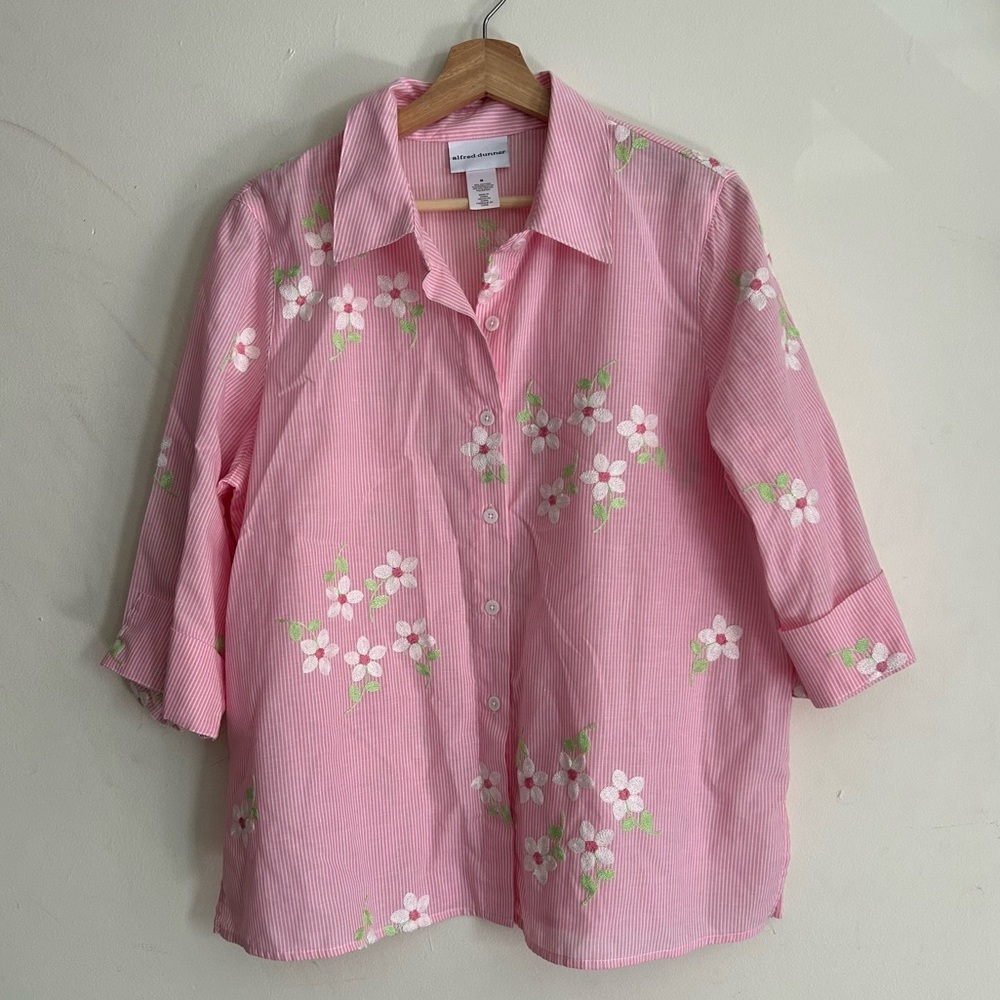Alfred Dunner Pink Flower Embroidered Button Down Striped Top‎